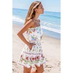 NWT Cupshe Womens White Strapless Dress Small Floral Pink Grewn Yellow Coverup